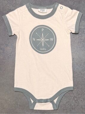 PNW baby Compass Bodysuit 3-6M Beige Sage Ringer Short Sleeve One Piece